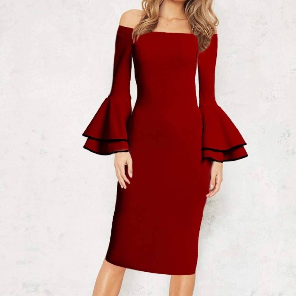 Wine Off the Shoulder Midi Dress with Bell Sleeves